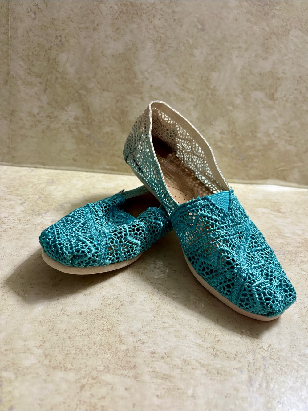 Toms Teal Crochet Slip-On Flats